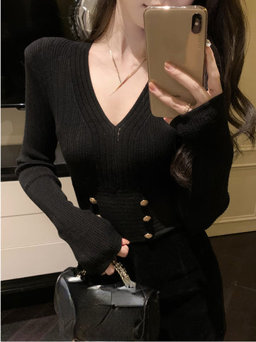 Sonicelife 2025 Autumn Black Casual Knitted Sweater Woman Outwear Basic Korean Fashion Blouse Office Lady Bodycon Slim Y2k Crop Tops Chic