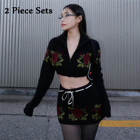 Sonicelife Korean Sweet Women 2 Piece Knitted Cardigan Floral Sweater Skirt Sets Knit Zipper Jacket Drawstring Mini Skirt Two Piece Outfits