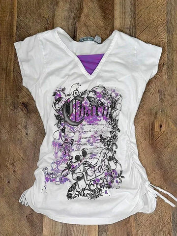 Sonicelife Aesthetic Vintage Slim V Neck T Shirts Women High Street Y2k Print Patchwork Lace Up Tops Female Hot Chick Short Sleeve Top New