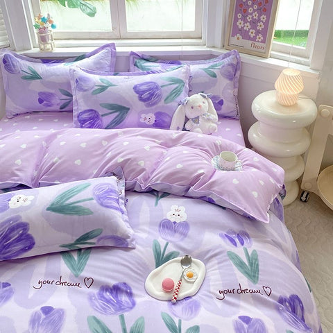 Sonicelife Ins Blue Flower Duvet Cover Set Soft Flat Sheet Quilt Cover Pillowcase Bed Linen Girls Twin Queen Full Size Fashion Bedding Sets