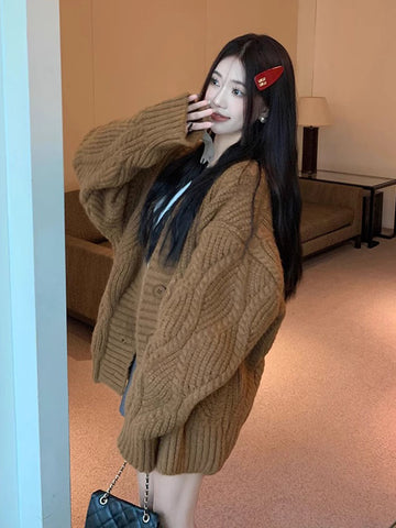 Sonicelife Lazy Wind Streetwear Cardigan Sweaters Women Oversize Long Sleeve Vintage Knitted Coat Fall Loose Korean Casual V Neck Tops