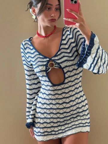 Sonicelife Fashion Contrasting Knitted Hollow Out Mini Dress Women Elegant Flare Long Sleeve Short Dresses New Summer Holiday Beach Vestido