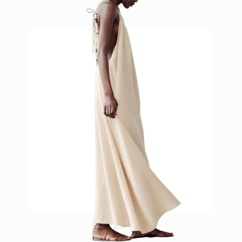Sonicelife Women's Long Dress with Straight Neckline and Backless Design Beaded Embellishment Suspender New