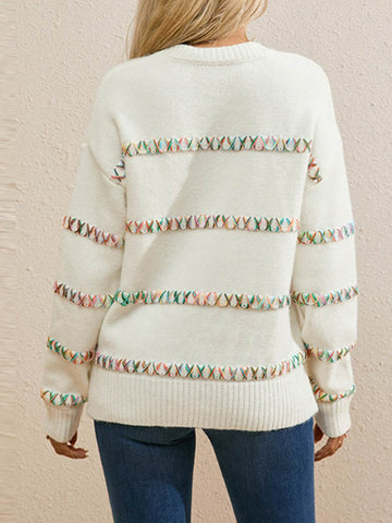 christmas outfit Sonicelife Long Sleeves Loose Contrast Color Round-Neck Pullovers Sweater Tops