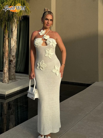 Sonicelife Chic 3d Flower Knitted Halter Long Dress Women Elegant Crochet Hollow Out Sleeveless Vestidos New Summer Lady Vocation Dresses