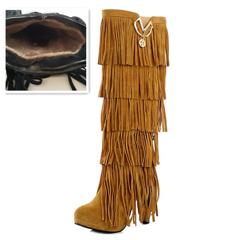 thanksgiving outfit Sonicelife size 32-43 Flock Fur Women boots High heels Knee boots Fringe Tassels Fashion Black Red ZL4150