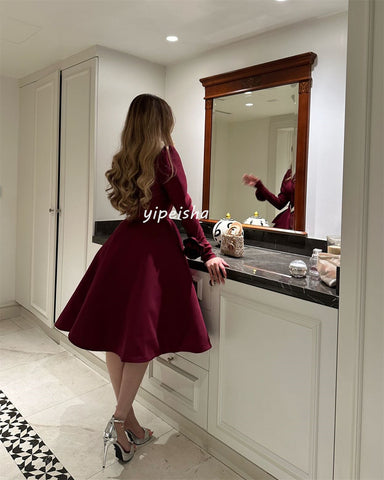 Sonicelife Customized Modern Style High Quality Jersey Pleat Flower A-line Square Neck Knee Length Dresses Bespoke Occasion Dresses Formal (PRE-ORDER)