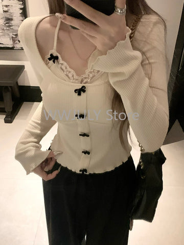 Sonicelife Sweet Lace Patchwork Fake Two Piece Tops E-girl Bow Knitted Sweater Women Early Autumn Long Sleeve Slim Y2k Blouse Design