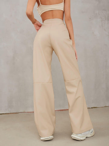 Sonicelife-Casual High Waist PU Wide Leg Pants