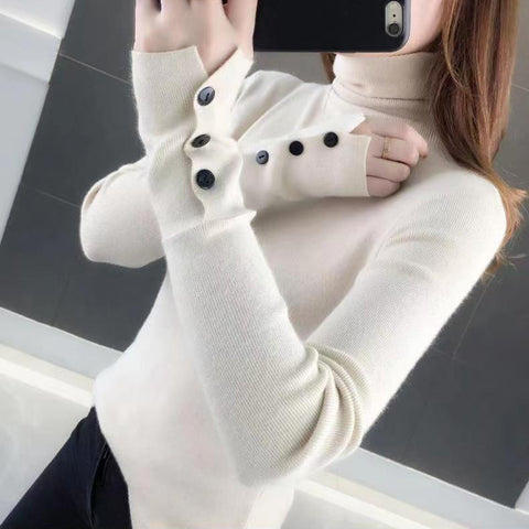 Sonicelife Women Turtleneck Solid Warm Sweater Buttons Long Sleeve Knit Basic Pullover Slim Office Jumper For Women 2024 Autumn Winter