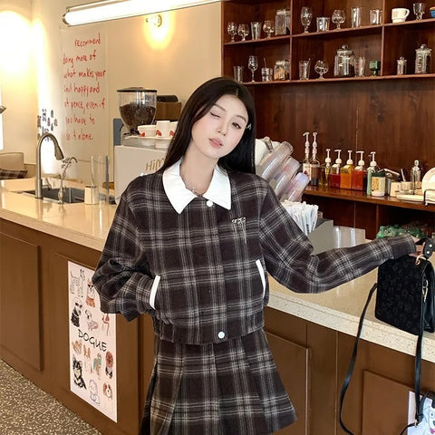 thanksgiving outfit Sonicelife 2024 Autumn New Women's Plaid Jacket And Skirt Set Chic Vintage Simple Style With Leather Belt Fashion Dress Outfit