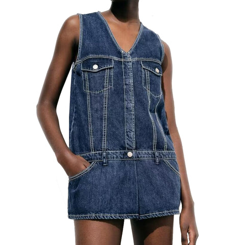 Sonicelife Women's new jumpsuit fashion casual versatile pocket decoration sleeveless mini jumpsuit