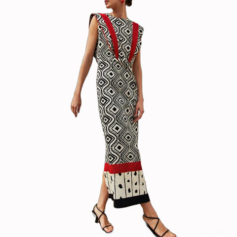 Sonicelife Women's Printed Round Neck Design Dress Slimming and Versatile Midi Long Skirt New Design