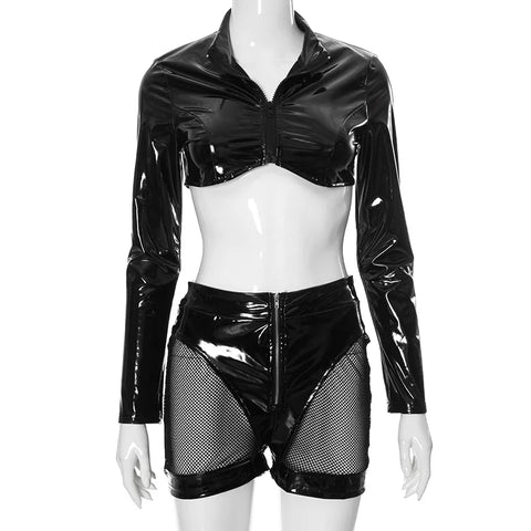 Sonicelife Women 2 Piece Shiny PU Leather Crop Jackets Shorts Sets Lapel Zipper Short Jacket Fishing Net Leather Shorts Two Piece Outfits