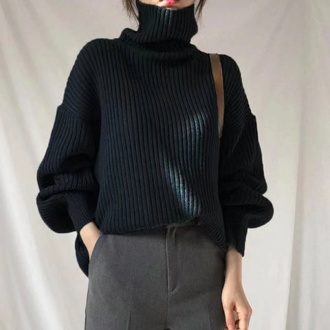 Sonicelife Korean Simple Turtleneck Sweaters Women Lazy Wind Loose Long Sleeve Office Lady Knitted Pullovers Solid Vintage Autumn Tops