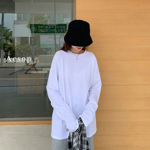 Sonicelife 100% Cotton Long Sleeve T Shirt Women Black Fashion Korean All Match Oversized Tee Autumn Streetwear Casual Loose Bf Female Tops