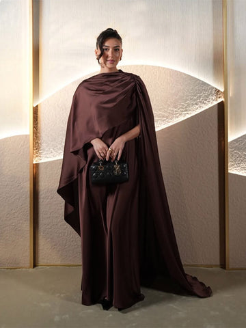 Sonicelife Women Stain Cape Collar Long Dress Elegant Lady Pleated Slim Fit Cloak Maxi Vestido Fashion Summer Cocktail Dress Woman 2025 New