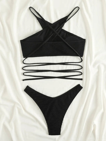 Sonicelife Rib Criss Cross Halter Bikini Swimsuit