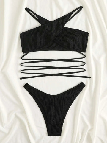 Sonicelife Rib Criss Cross Halter Bikini Swimsuit