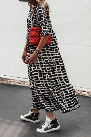 Sonicelife-Casual Print Patchwork Pullovers Basic V Neck A Line Dresses