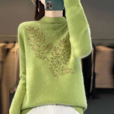 christmas outfit Sonicelife Women Autumn Winter Pure Wool Thickening Sweater Half-high Collar Leaf Studded with Diamonds Pullover Female Knitted Basis Top