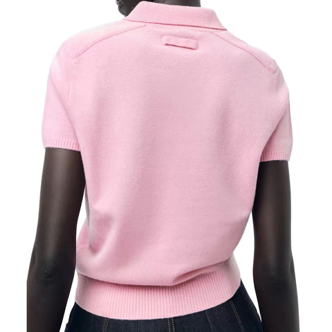 Sonicelife Women's Short Sleeve Sweater Pink Knit Top Polo Collar Basic Commuter Temperament Casual Pullover New Pink