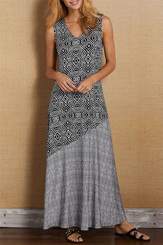 Sonicelife-Fashion Elegant Print Patchwork V Neck A Line Dresses