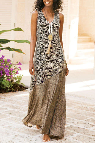 Sonicelife-Fashion Elegant Print Patchwork V Neck A Line Dresses