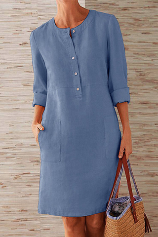 Sonicelife-Casual Solid Pocket Buckle O Neck Long Sleeve Dresses(6 Colors)
