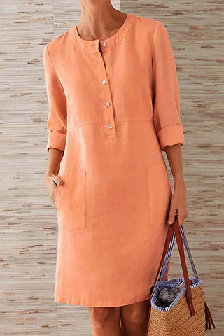 Sonicelife-Casual Solid Pocket Buckle O Neck Long Sleeve Dresses(6 Colors)