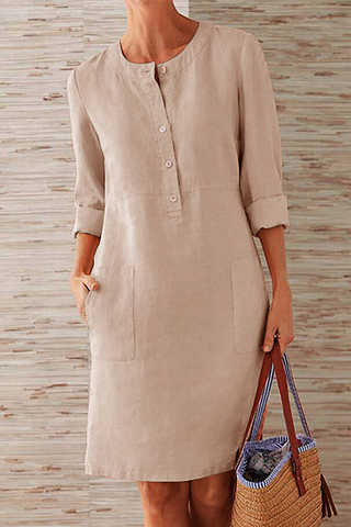 Sonicelife-Casual Solid Pocket Buckle O Neck Long Sleeve Dresses(6 Colors)