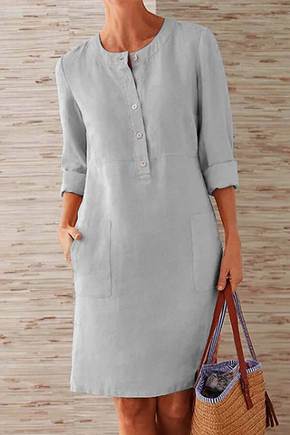Sonicelife-Casual Solid Pocket Buckle O Neck Long Sleeve Dresses(6 Colors)