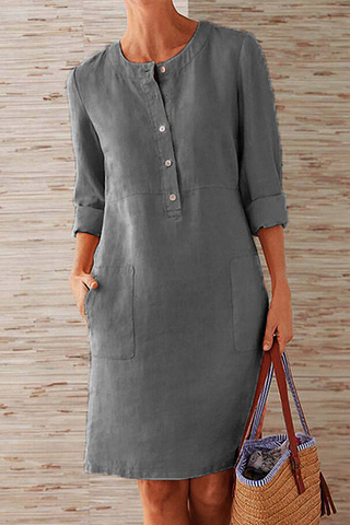 Sonicelife-Casual Solid Pocket Buckle O Neck Long Sleeve Dresses(6 Colors)