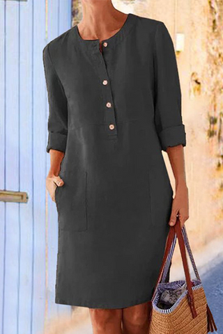 Sonicelife-Casual Solid Pocket Buckle O Neck Long Sleeve Dresses(6 Colors)