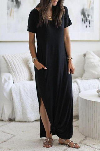 Sonicelife-Casual Solid Pocket Slit O Neck Dresses