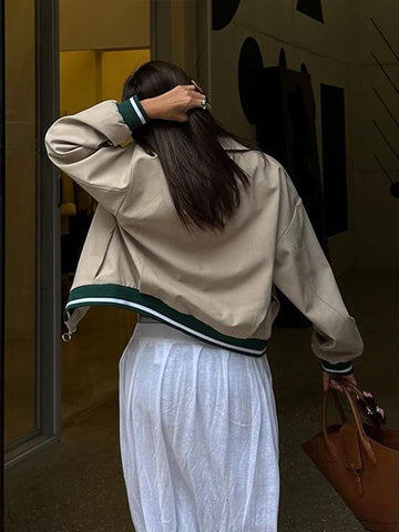 Sonicelife Loose Zipper Bomber Jackets Women Fashion Contrast Lapel Long Sleeve Pockets Female Short Coats 2024 Autumn Lady Casual Outwear