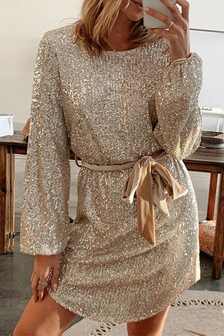 Sonicelife-Elegant Solid With Belt Sequins O Neck A Line Dresses
