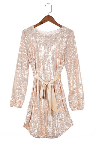 Sonicelife-Elegant Solid With Belt Sequins O Neck A Line Dresses