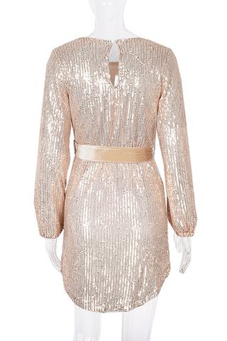 Sonicelife-Elegant Solid With Belt Sequins O Neck A Line Dresses