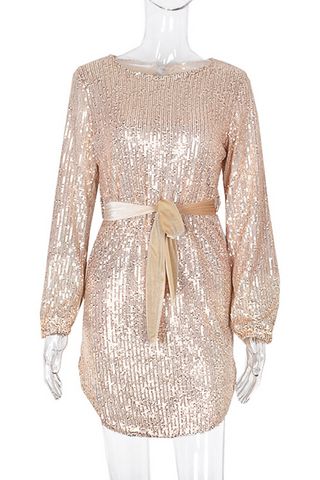 Sonicelife-Elegant Solid With Belt Sequins O Neck A Line Dresses