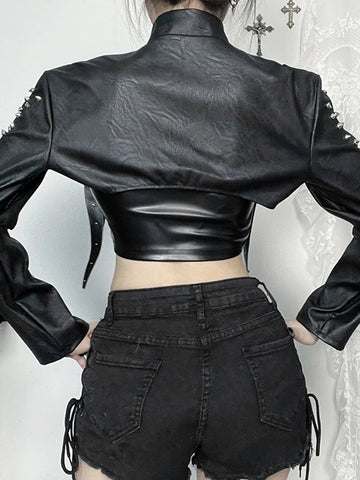 Sonicelife Y2k Harajuku Pu Jacket Women Mall Gothic Dark Cyber Punk Rivets Strap Long Sleeve Crop Tops Emo Alt Grunge Clothes Femme