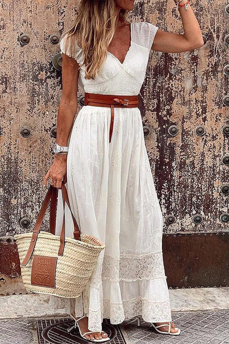 Sonicelife-Casual Solid Patchwork V Neck Waist Skirt Dresses