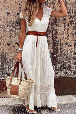 Sonicelife-Casual Solid Patchwork V Neck Waist Skirt Dresses