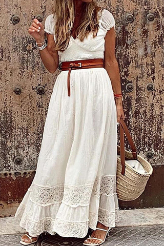Sonicelife-Casual Solid Patchwork V Neck Waist Skirt Dresses