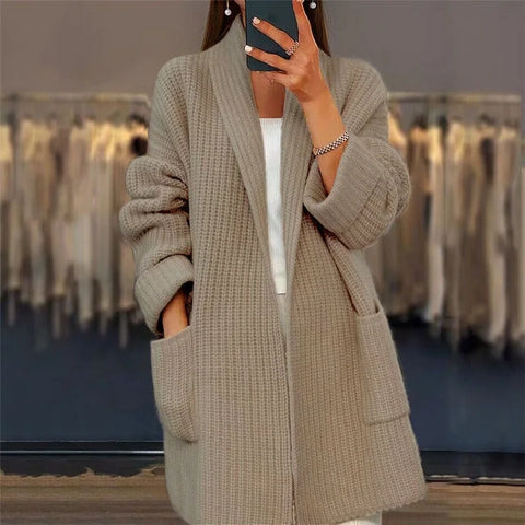 christmas outfit Sonicelife 2025 Winter Fashion Thick Pocket Loose Jacket Autumn Elegant V-neck Knitted Cardigan Women Causal Long Sleeve Solid Sweater Coat