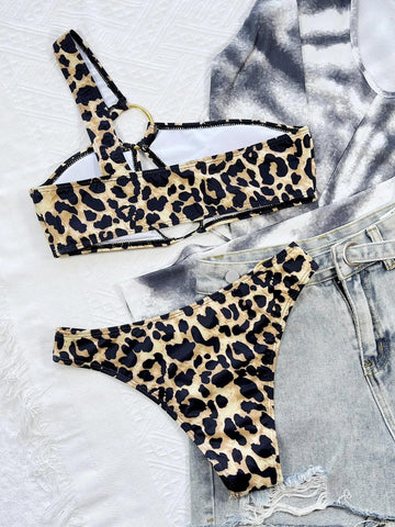 Sonicelife Leopard Ring Linked Cut Out Bikini Swimsuit