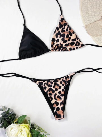 Sonicelife Leopard Halter Triangle Bikini Swimsuit