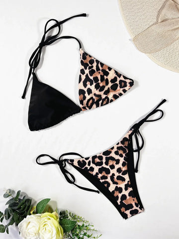 Sonicelife Leopard Halter Triangle Bikini Swimsuit