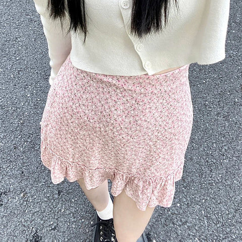 Sonicelife Sweet Pink Floral Mini-Skirt Femme Summer Elegant Fashion Streetwear Ruffle Holiday Skirt Women High Waist Faldas Y2K Vintage