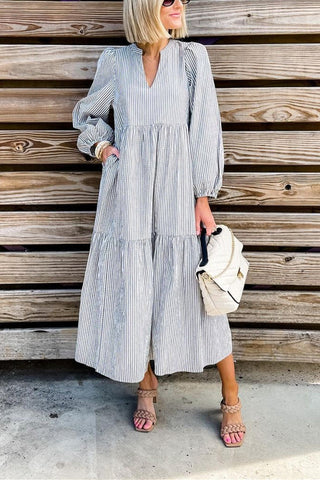 Sonicelife-Fashion Casual Striped V Neck Long Dress Dresses